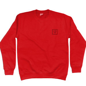 Fire Red Home Girl sweatshirt. Home Girl in a box in all capitals sans serif font. Home Girl is placed top left of the chest