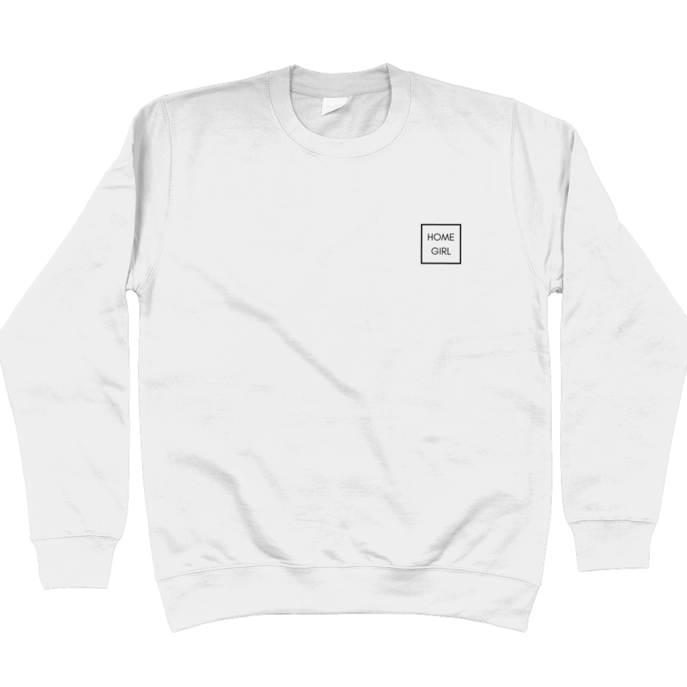 Arctic White Home Girl sweatshirt. Home Girl in a box in all capitals sans serif font. Home Girl is placed top left of the chest