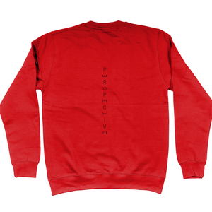 Fire Red Sweatshirt with "perspective" down the back of the jumper. Letters in the word of perspective are tilted to give perspective to the word perspective.