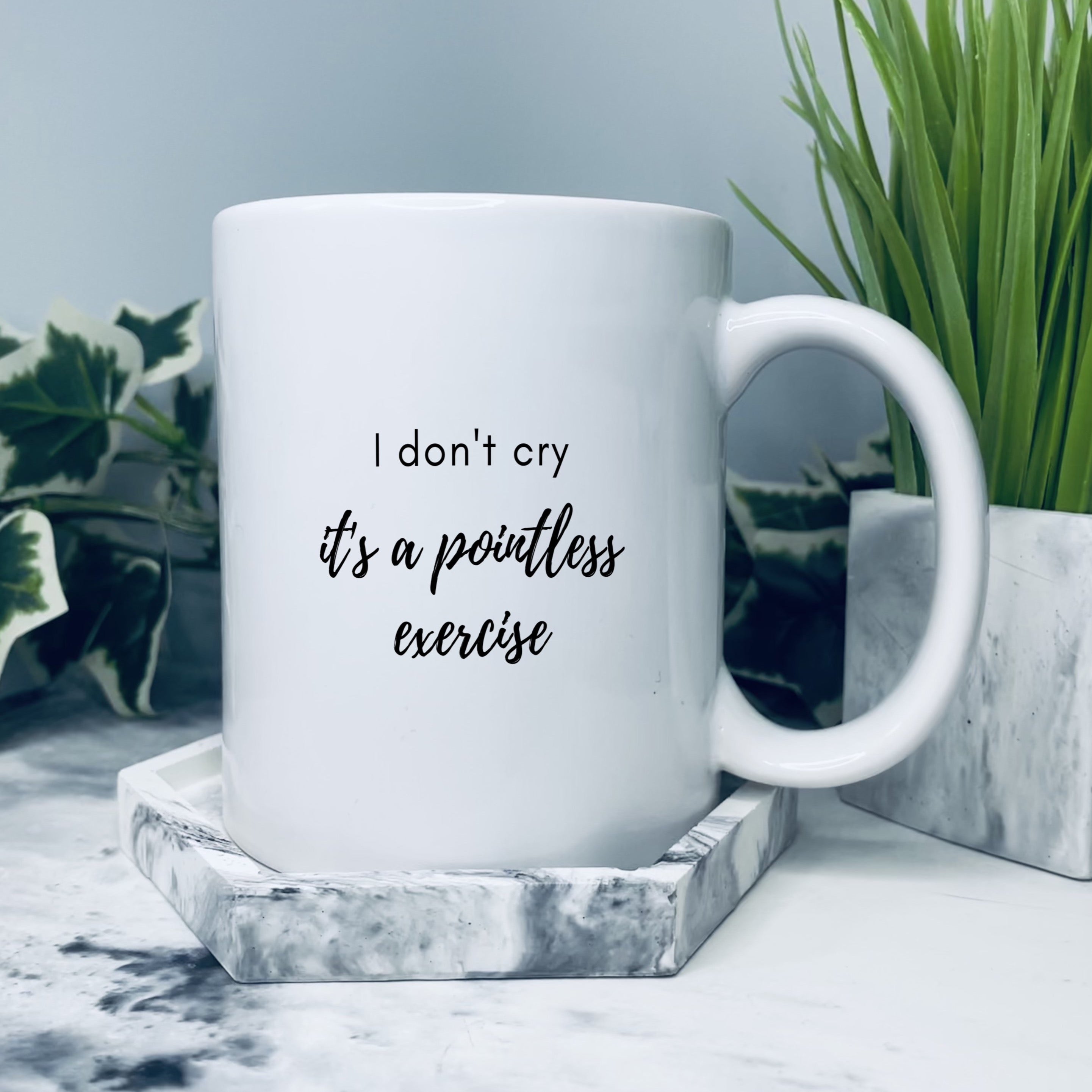 Mug that says: I don't cry it's a pointless exercise