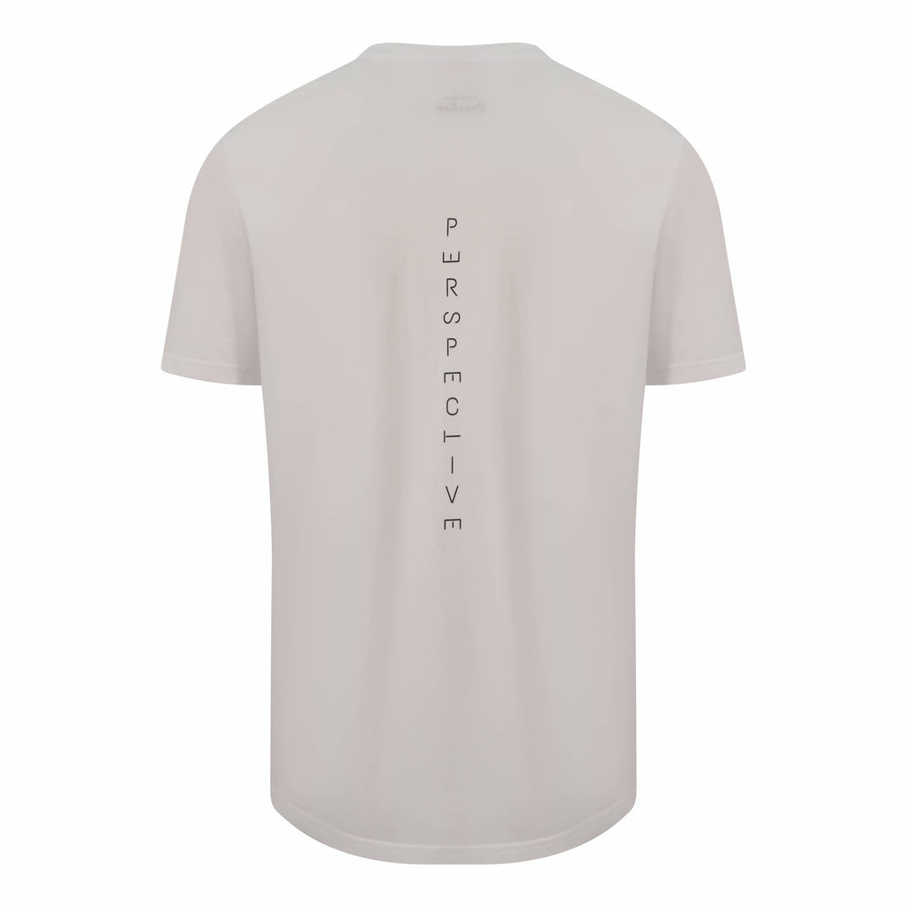 T-shirt with the word perspective written down the back. Perspective is written vertically down the t-shirt and the letters in the word are orientated to give a literal take on the word perspective.