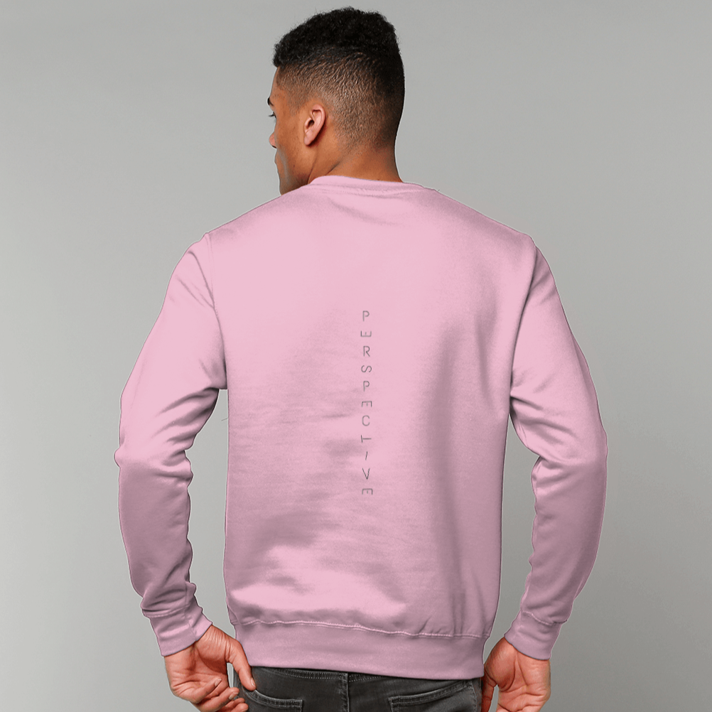 Sweatshirt with "perspective" down the back of the jumper. Letters in the word of perspective are tilted to give perspective to the word perspective.