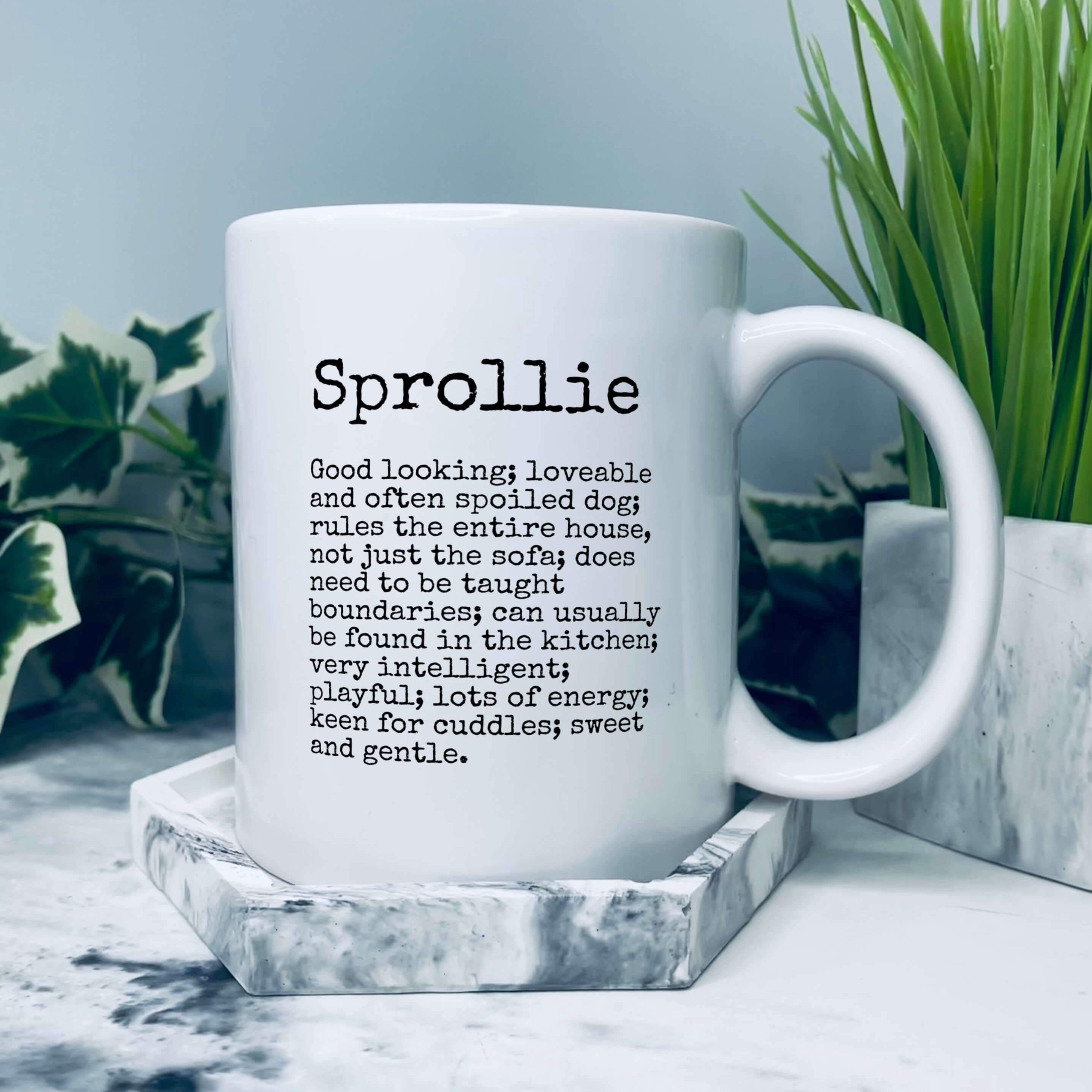 Mug with a typewriter style font for sprollie dogs. Mug reads: Sprollie Good looking; loveable and often spoiled dog; rules the entire house, not just the sofa; does need to be taught boundaries; can usually be found in the kitchen; very intelligent; playful; lots of energy; keen for cuddles; sweet and gentle.