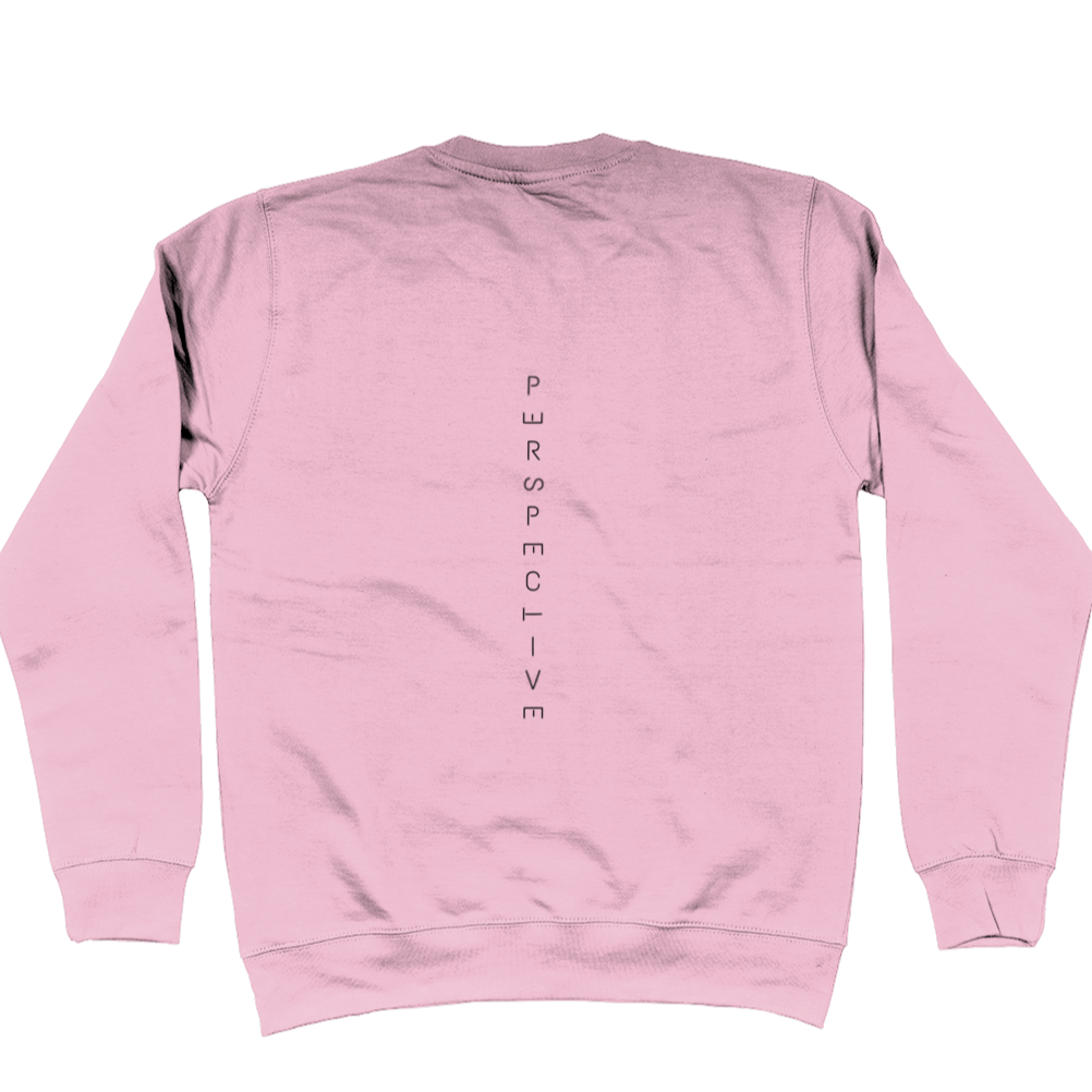 Sweatshirt with "perspective" down the back of the jumper. Letters in the word of perspective are tilted to give perspective to the word perspective.