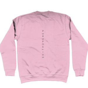 Sweatshirt with "perspective" down the back of the jumper. Letters in the word of perspective are tilted to give perspective to the word perspective.
