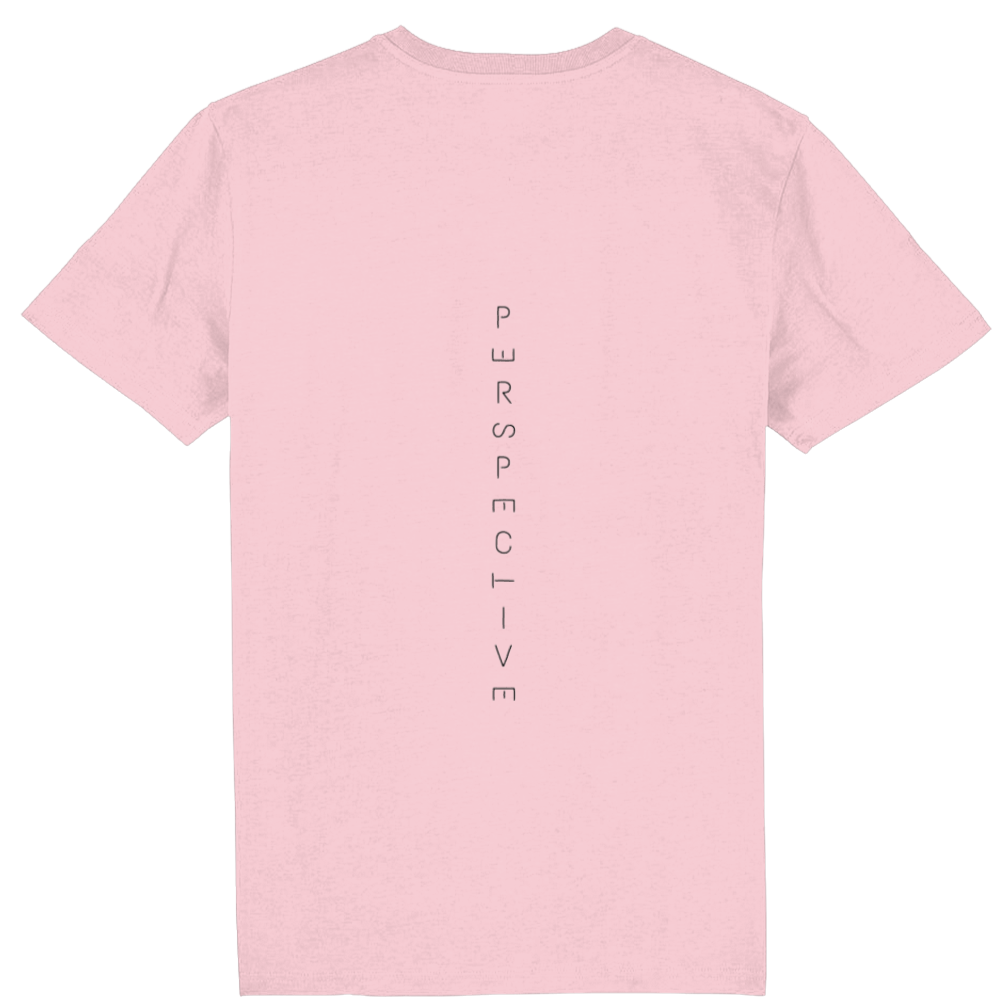 T-shirt with the word perspective written down the back. Perspective is written vertically down the t-shirt and the letters in the word are orientated to give a literal take on the word perspective.