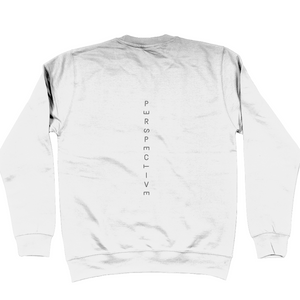 Arctic White Sweatshirt with "perspective" down the back of the jumper. Letters in the word of perspective are tilted to give perspective to the word perspective.